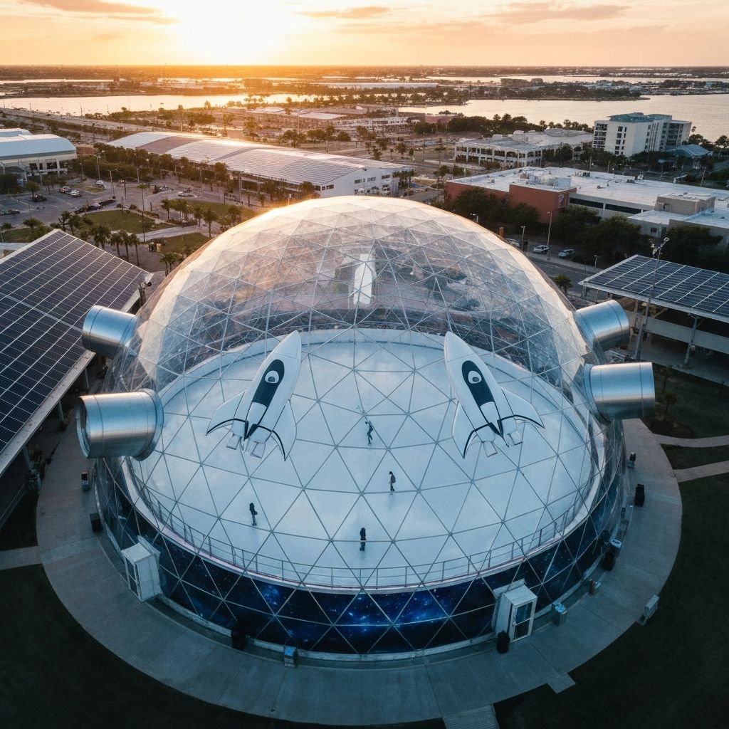 Aerial view of the rink under a transparent dome with SpaceX-inspired thrusters