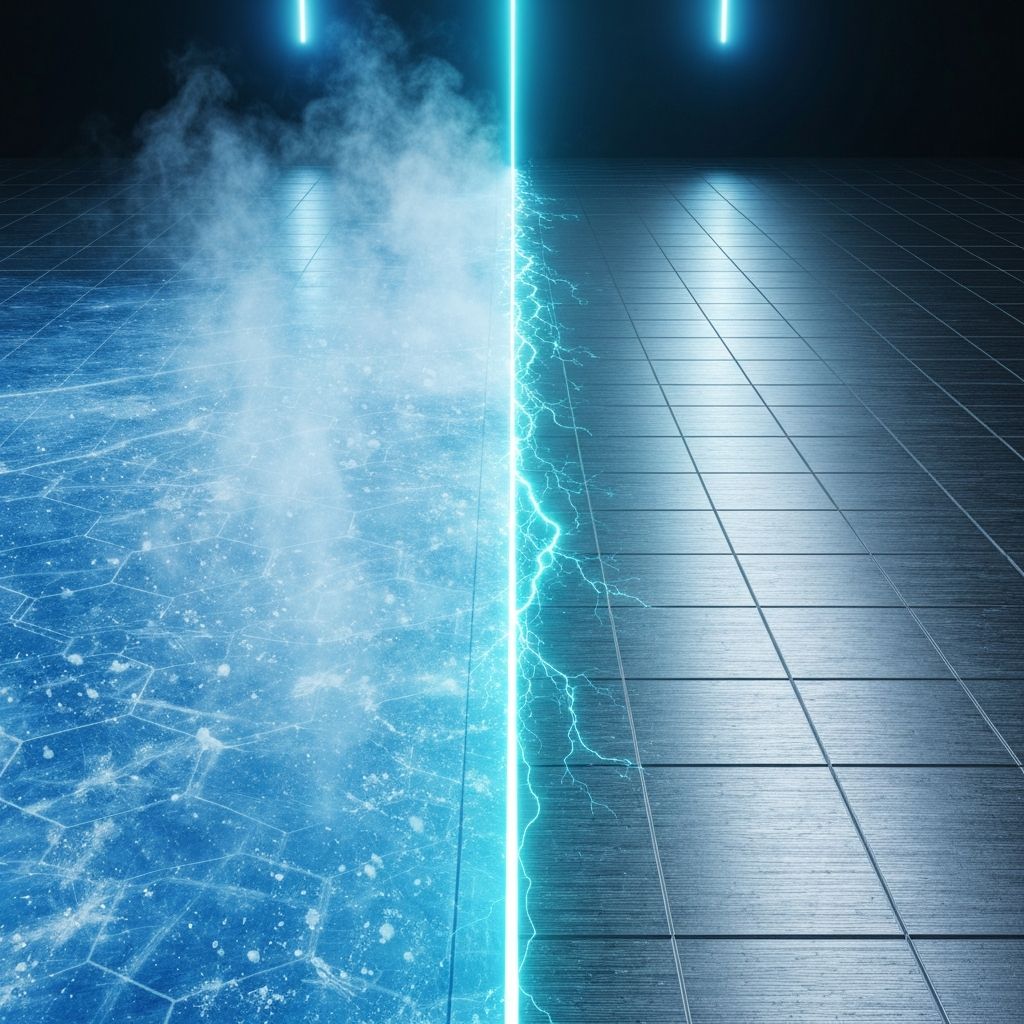 Split-view of ice and roller skating surface transformation
